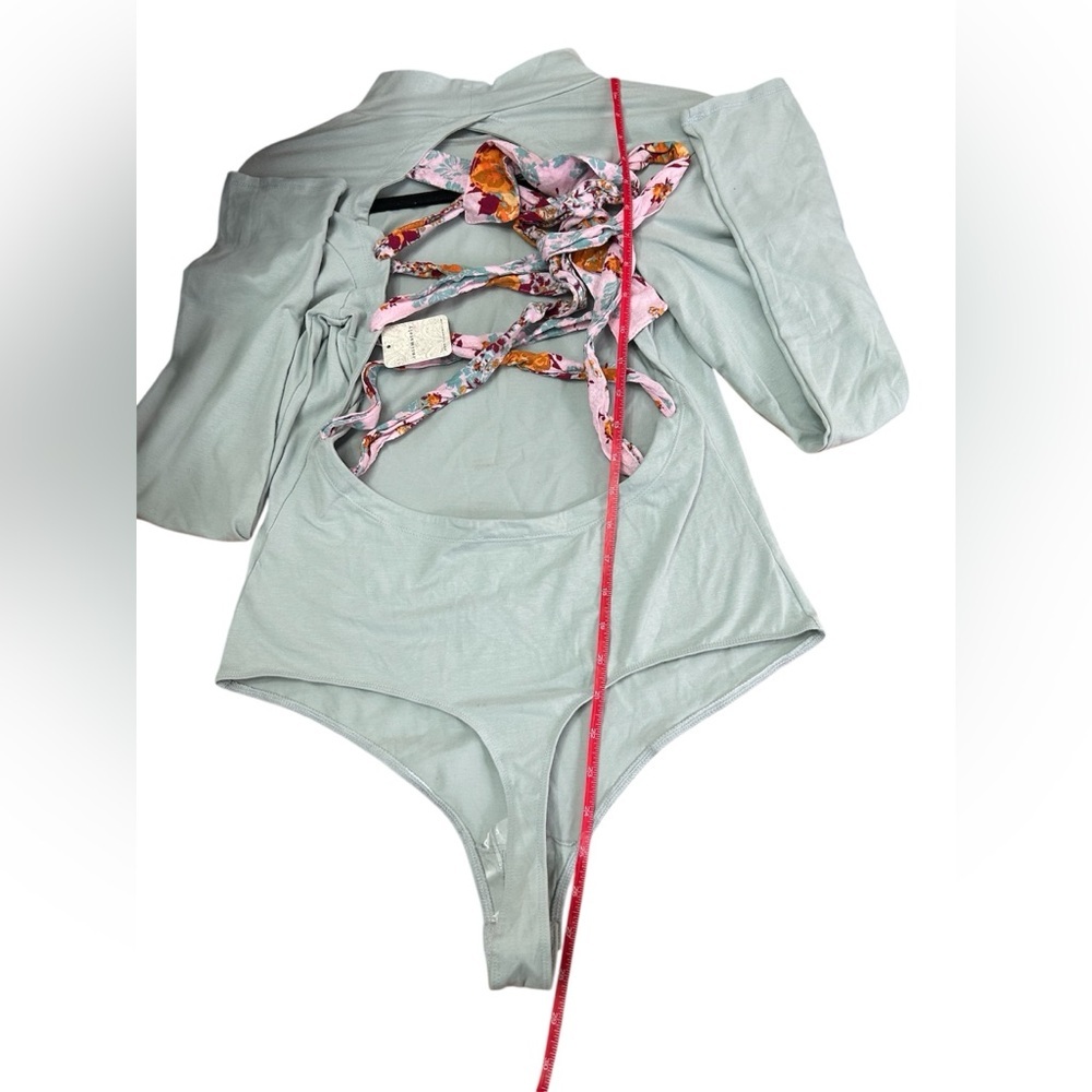 Free People Sz Large NWT Mercury Gray floral lace up back thong Fall Bodysuit - Picture 8 of 9